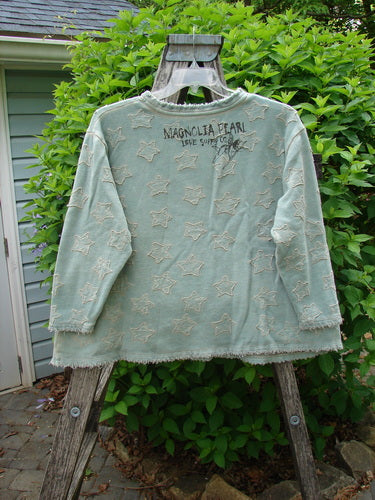 The Magnolia Pearl Fleece Applique Little Star Hermosa Sweatshirt in Garden Sage hangs on a stepladder, showcasing three-quarter wide sleeves, raw-edge fringe, and star appliqués, embodying unique vintage charm.