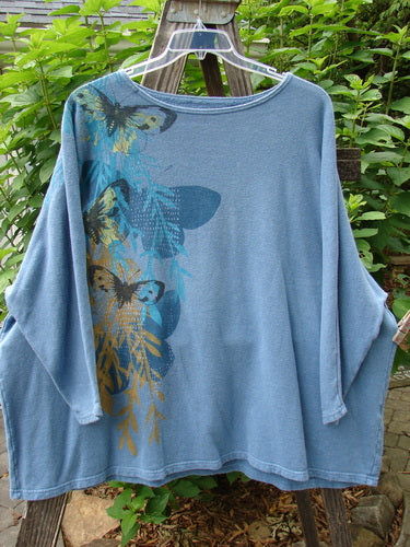 Barclay Cotton Hemp Dolman Sleeve Pullover Top in Blue Dusk with a continuous butterfly theme, featuring a wide boxy shape, dolman sleeves, and a full A-line sweep.