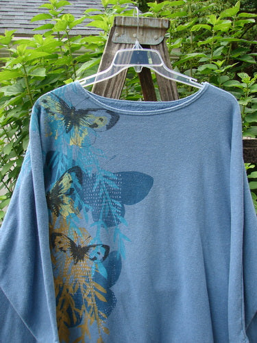 Barclay Cotton Hemp Dolman Sleeve Pullover Top Butterfly Blue Dusk OSFA featuring a wide boxy shape, dolman sleeves, and butterfly patterns.