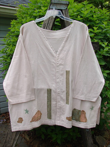 1993 Resort PJ Top Diner Treat Tea Dye Size 2, showcasing a light-beige kimono-style design with three-quarter sleeves, sea-themed appliqués, and signature strip-stitch details, highlighted by a V-neck and open front.