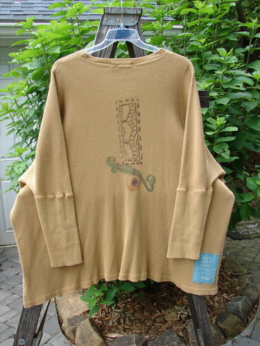 1995 Thermal Studio Pullover Tunic Abstract Road Burnished Gold OSFA displayed on a hanger, showcasing vented sides, 12-inch ribbed lower sleeves, and whimsical abstract road theme paint.