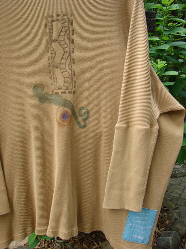 1995 Thermal Studio Pullover Tunic Abstract Road Burnished Gold OSFA, featuring vented sides, ribbed lower sleeves, whimsical road design, and a blue label patch on the back.