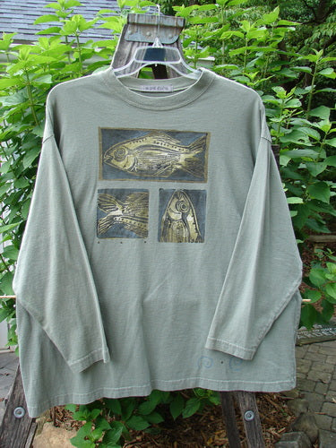 1996 Long Sleeved Tee Triple Fish Cricket Size 2, featuring drop shoulders, thicker ribbed neckline, and a detailed vintage triple fish theme paint. Made from medium-weight organic cotton, perfect condition.