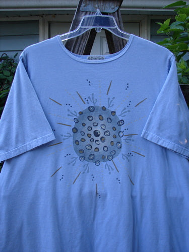 Barclay Short Sleeved A Line Tee Circle Pebble Sky Size 2, featuring a centered circle pebble design on the front, with a wider boat neckline and short sleeves.