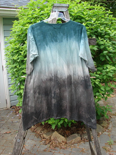 Barclay Wander Tunic Tee Magic Mottled Vintage Teal Size 0 displayed draped on a wooden rack outdoors, showcasing its ombré design with a longer tunic length and slight A-line flair.