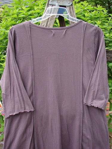 Barclay Wildflower Tunic Floral Sprig Fig Size 0 features a loose-fitting design with a scooped neckline, dippy sides, and three-quarter sleeves, hanging against a garden backdrop.