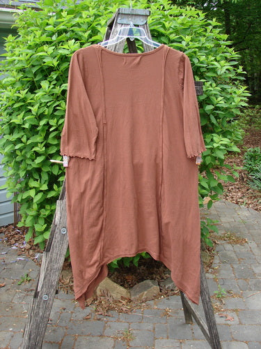Barclay Wildflower Tunic Floral Sprig Harvest Size 0 features elbow-length ruffled sleeves, asymmetrical hem, and exterior pockets, draped over a ladder, emphasizing its organic cotton texture and unique design elements.