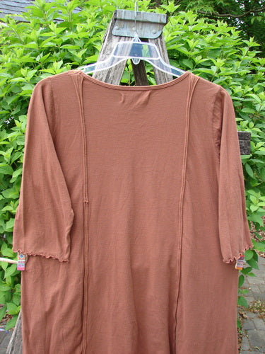 Barclay Wildflower Tunic Floral Sprig Harvest Size 0 on hanger, showcasing dippy sides, flutter hem, scooped neckline, and three-quarter sleeves with lettuce edges, highlighting its unique, artistic design.