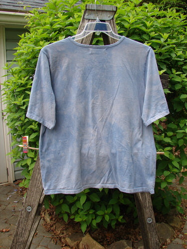 Barclay Fiona Crop Straight Tee in Victorian Mottled Bluestone, draped on a wooden ladder outdoors, showcasing its rounded neckline and wide sleeves, set against lush greenery.