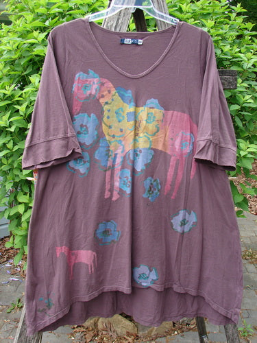 Barclay Three Quarter Sleeved Happiness Tunic Primitive Pony Fig Size 0 features a multicolored horse motif with floral accents, ruffled sleeves, and an asymmetrical hem, illustrating Bluefishfinder.com's unique vintage style.