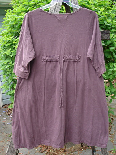 Barclay Three Quarter Sleeved Happiness Tunic Primitive Pony Fig Size 0, featuring a unique wild pony theme, elbow-length sleeves, drawstring back, and asymmetric hemline, displayed against leafy shrubs.