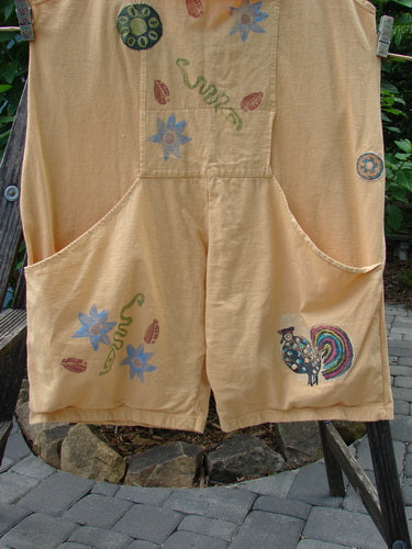 1991 PMU Farmer Brown Overall Pant Jumper Rear Rooster Goldenrod OSFA featuring colorful rooster and floral designs, front dual stacked painted pocket, and extra lower leg sectional panel.