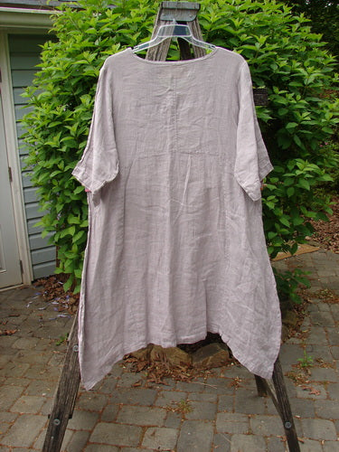Barclay Linen Wave Pocket Dress Fern Mallow Quartz Size 0 displayed on a wooden ladder, showcasing its loose fit, rounded neckline, pinched sleeves, and unique hemline, ideal for expressing individual style.