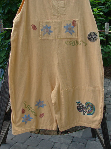 1991 PMU Farmer Brown Overall Pant Jumper Rear Rooster Goldenrod OSFA featuring painted pockets, shoulder straps, hip panels, drop bushel pockets, and vintage rooster patch on mid-weight cotton; perfect collectible piece.