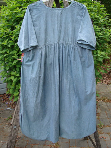 Barclay Percale Key Pocket Hi Low Dress Flower Dish Stream Size 0, featuring a key neckline, elbow-length sleeves, side pockets, and a gathered waist, displayed on a ladder outdoors amidst greenery.