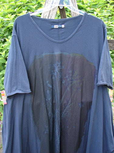 Barclay Origami Tunic Top Night Garden Blue Ink Size 0 hanging on a ladder. Features include open sides, varying hemline, and raw flutter edges, exemplifying Bluefishfinder.com's distinctive vintage style.