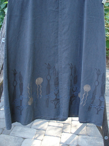 2000 Tencel Shift Dress Biology Abstract Twilight Size 0, with a flowing, buttery-soft chambray fabric, features a downward curved empire waist, full flared lower, and abstract-themed hem design.