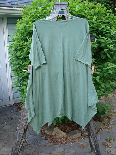 Barclay Origami Tunic Top Garden Block Spanish Moss Size 0 drapes elegantly on a wooden ladder, showcasing its asymmetrical hem, elbow-length sleeves, and raw flutter edges against a lush garden backdrop.