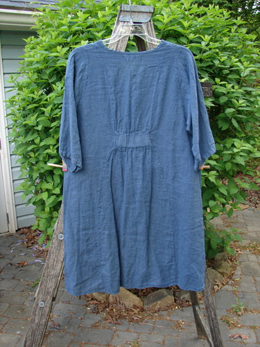 Barclay Linen Posey Dress Daisy Ray Blue Echo Size 0 features a loose fit, elbow-length sleeves, and oval neckline, with subtle waist gathers, hanging outside on a wooden ladder.