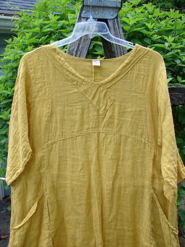 Barclay Gauze Linen Cross Over Dress Unpainted Sunshine Spice Size 1: A loose-fitting, mustard-yellow tunic with a V-neck, mid-length sleeves, patch pockets, and a crinkled texture, hanging outdoors.