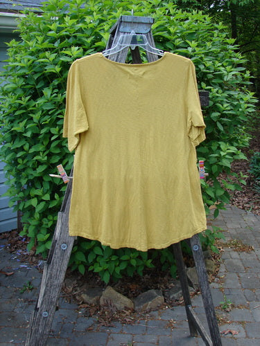 The Barclay Slub Short Sleeved Travel Tee, Cactus Garden Citron Size 1, drapes elegantly on a wooden ladder, showcasing its rounded neckline and varying hemline against a leafy backdrop.