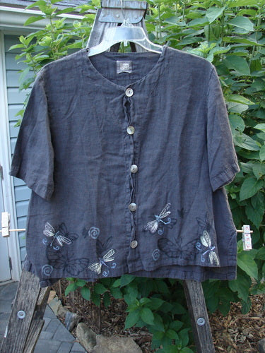 1999 Handkerchief Camp Shirt Dragonfly Raven Altered Size 1, featuring a butterfly motif, A-line shape, and original shell buttons. Made from lightweight linen with vented sides and unique neckline tuck alterations.