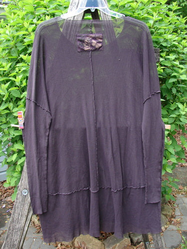 Barclay Patched Cotton Mesh Exterior Stitch Sectional Overtop Black Cherry Size 2, featuring a softly textured mesh, long sleeves, layered hemline, and decorative upper neck patch, displayed on a hanger.