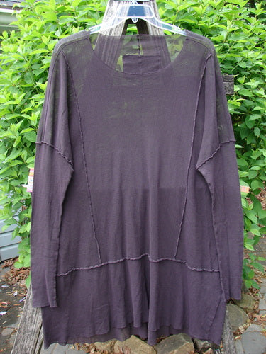 Barclay Patched Cotton Mesh Exterior Stitch Sectional Overtop Black Cherry Size 2 features a loose fit, long sleeves, sectional panels, exterior stitchery, and an uneven hem, hanging against a natural backdrop.