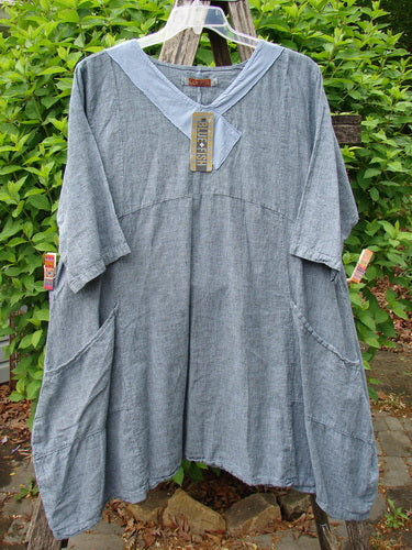 Barclay NWT Linen Cross Over Urchin Dress Unpainted Stripe Sky Size 1 features a relaxed A-line chambray style with a V inset, drop shoulders, and side pockets, hanging outdoors.