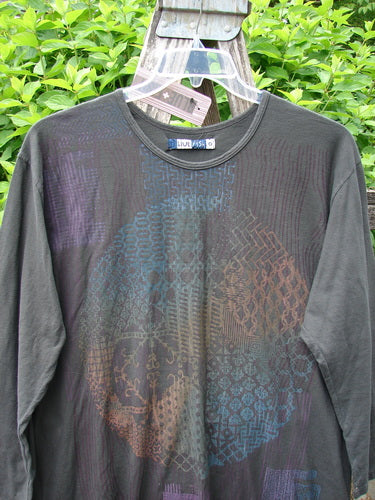 Barclay NWT Long Sleeved Studio Tee Celtic Medallion Smoke Size 0 features a dark-gray design with a vibrant circular graphic, long sleeves, and a rounded neckline, emphasizing Bluefishfinder.com's vintage-inspired style.