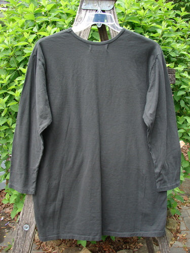 Barclay NWT Long Sleeved Studio Tee Celtic Medallion Smoke Size 0 draped on a wooden trellis, showcasing its straighter shape, rounded neckline, and unique Celtic medallion design against lush greenery.