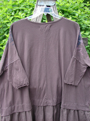 Barclay NWT Batiste Banded Flounce Esperanza Tunic Festive Garden Sparrow OSFA, featuring loose fit, dolman sleeves, tiered skirt, displayed on a hanger against lush green foliage.