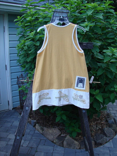 1998 8 Ball Tunic Parcheesi Short Duo Lemonade Size 0 hanging, showcasing its A-line shape, scoop neckline, double-paneled bottom band, and coordinating shorts with full elastic waistline and wide legs.