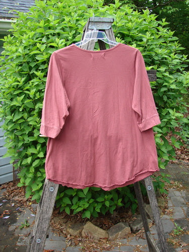 Daisy Hagey Barclay Banded Artist Pocket Top Metallic Bird Flight Rust Size 1 in rust-colored fabric, shown hanging on a wooden ladder with green foliage behind it.