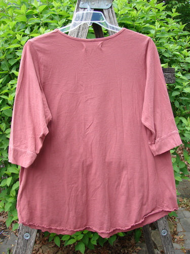 Daisy Hagey Barclay Banded Artist Pocket Top Metallic Bird Flight Rust Size 1 in rust-colored fabric, shown as a loose short-sleeve top on a hanger outdoors.
