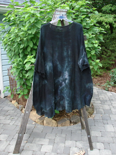 Barclay NWT Gauze Ana Tunic Dress Unpainted Mottled Minuit OSFA displayed on a hanger with three-quarter length sleeves and a varying hemline.