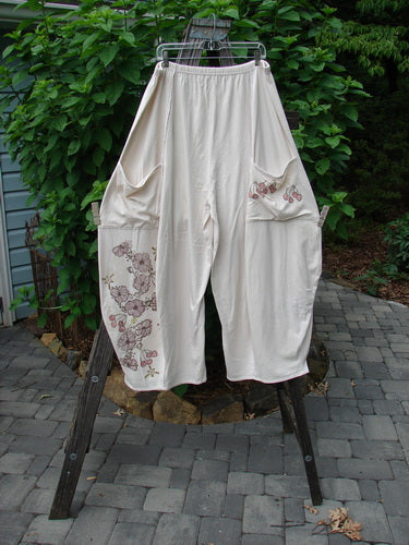 Barclay Exterior Stitch Plane Pant Cherry Blossom Natural Dew Size 2 displayed on a clothes rack, featuring full-length vertical seams, wide lowers, deep rise, and double front drop pockets.