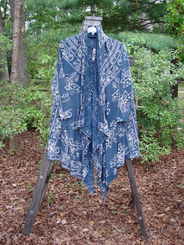 Magnolia Pearl Cotton Jersey Kareas Cardigan Jacket Navy Ranch Hand OSFA displayed on a wooden stand, showcasing its knot-able hemline, open front, and signature bandana print.