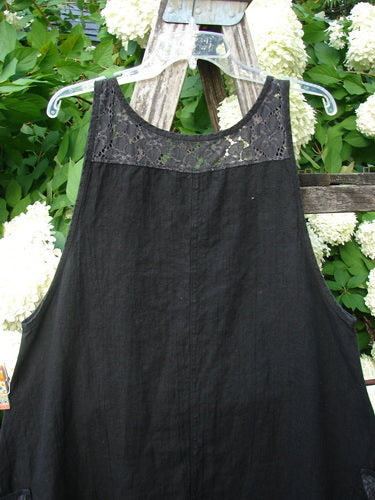 Bluefishfinder.com Barclay NWT Summercloth Lace Two Pocket Pinafore Floral Fern Black Size 0, a black pinafore with a sheer floral lace yoke and wide sleeveless body, hanging from a clear hanger against pale blossoms and green foliage.