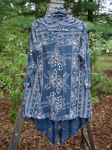 Magnolia Pearl Cotton Jersey Kareas Cardigan Jacket Navy Ranch Hand OSFA with white bandana print, open front, varying hemline, deep pockets, and fold-over neckline.