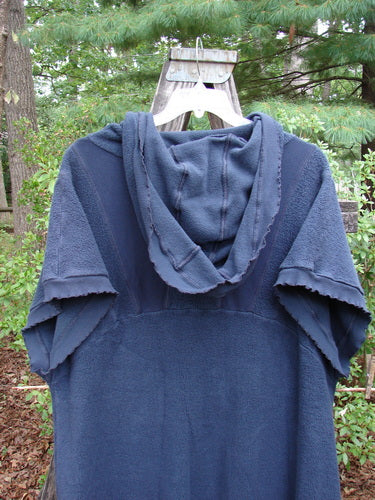 Barclay Celtic Moss Hooded Pocket Cardigan Unpainted Navy Storm Size 0 displayed on a swing with floppy hood, short sleeves, button front, and two exterior pockets.