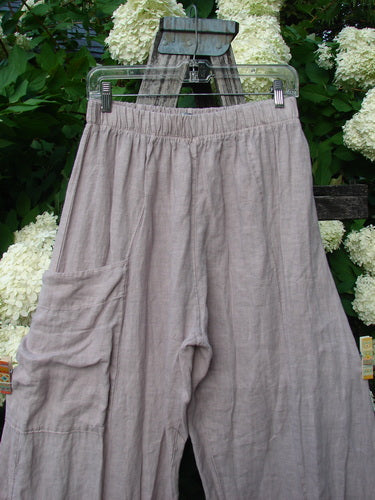 Bluefishfinder.com Barclay Linen Single Side Pocket Banded Bottom Pant in unpainted mallow, size 0, hangs from a clear plastic hanger. The loose linen fabric falls in soft vertical folds, with an elastic waistband, a single side pocket, and a banded hem in a muted taupe-lavender tone.
