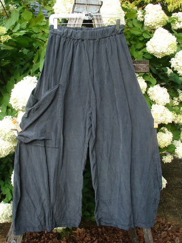 Bluefishfinder.com Barclay Silk Dimensional Pant in unpainted black, size 1, hangs from a white hanger with a softly crinkled silk texture, wide cropped legs, and a gathered elastic waistband. A side patch pocket and deep drape stand out against the leafy garden backdrop.