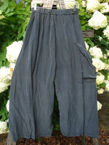 Bluefishfinder.com Barclay Silk Dimensional Pant in unpainted black, size 1, with a loose, wide-leg silhouette and soft, crinkled silk texture. The dark garment hangs from a clear hanger, with layered side panels and a muted charcoal finish against leafy white-flower foliage.
