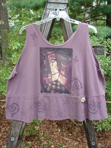 1995 Klee Button Top Salvador Heliotrope Size 2, featuring a playful clock tower drawing, scooped neckline, and a unique buttoned pocket on a swingy A-line crop shape.