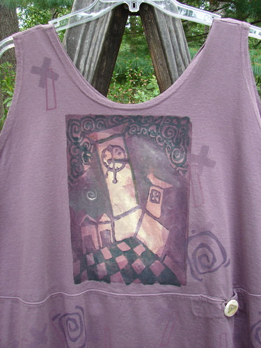 1995 Klee Button Top Salvador Heliotrope Size 2, featuring a purple tank top with a clock tower graphic, scooped neckline, and unique hand-stamped ceramic button on a double-layered hem.