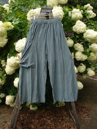 Bluefishfinder.com Barclay Silk Dimension Pant in unpainted dark sage, size 1, hangs from a wooden ladder in a soft, draped silhouette. The silk fabric has a matte, slightly crinkled texture, with a gathered elastic waist and wide legs set against pale white blossoms and deep green foliage.