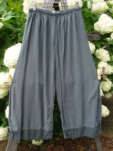 Bluefishfinder.com Barclay Lyocell Flutter Bottom Wide Leg Pant in unpainted light storm, size 0, with a soft draped lyocell finish, elastic waist, and wide cropped legs finished with fluttered hems. The gray pant hangs front-facing against leafy white hydrangeas.