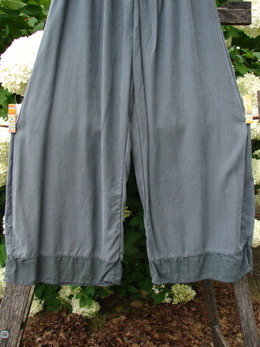 Bluefishfinder.com Barclay Lyocell Flutter Bottom Wide Leg Pant in Unpainted Light Storm, size 0, shown in a soft gray-blue drape with a wide-leg cut and fluttered hem. The smooth lyocell fabric falls in clean vertical folds, filling the frame against leafy greenery.