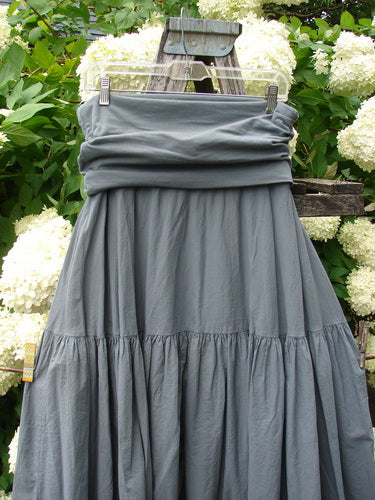 Bluefishfinder.com Barclay Linen Fold Over Single Tier Trinity Skirt in unpainted diatom, size 0, shown as a gray linen skirt with a wide folded-over waistband, softly gathered single-tier body, and crinkled texture. It hangs from a clear hanger against white hydrangeas and weathered wood, with muted natural light and a rustic outdoor backdrop.